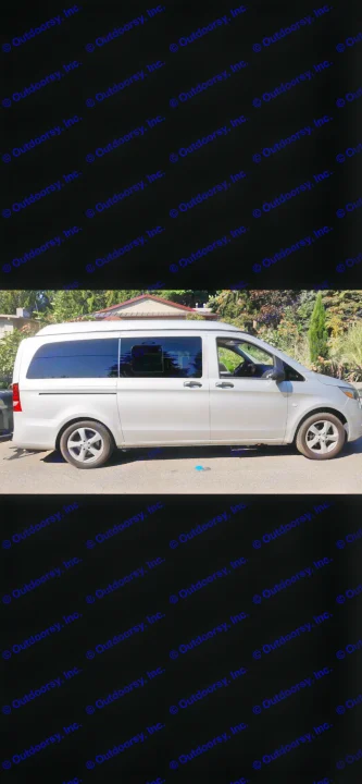 Silver Mercedes-Benz camper van for RV rental. Side profile shows tinted windows & raised roof, parked on asphalt.. Mercedes Metris 2016