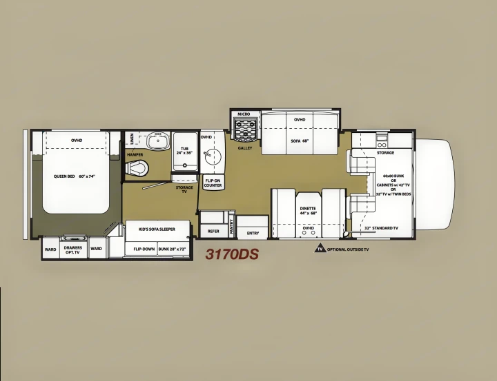A detailed 3170DS rv rental floor plan, outlining the queen bed, bunk areas, galley kitchen, and bathroom.. Forest River Sunseeker 2015