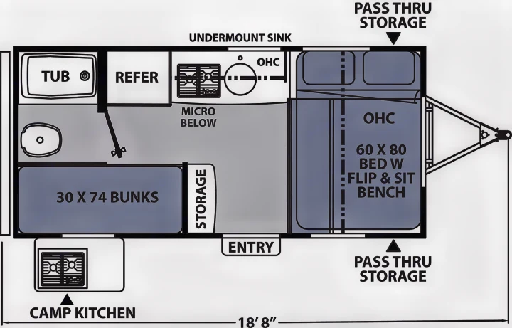 RV rental floor plan shows interior layout with 60x80 bed, bunks, kitchen, and bath. Great for travel trailer planning.. Coachmen Apex 2021