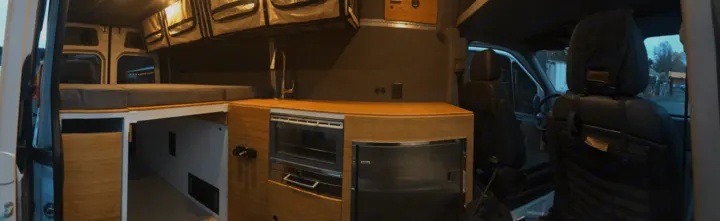 Marine Oven & Cooktop (not shown), IsoTherm DC Fridge, Deep sink with dc powered running water and outdoor shower.. Mercedes Benz Sprinter 2018