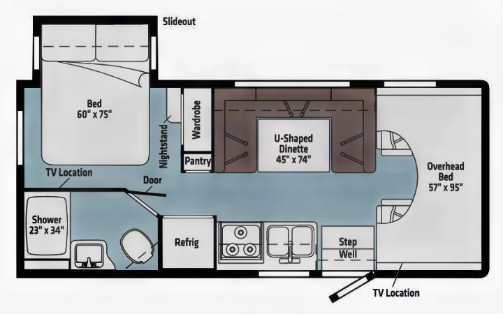 RV rental floor plan: detailed layout with main bed (60x75), U-shaped dinette, kitchen, bathroom, and overhead bed.. Winnebago Minnie Winnie 22M 2022