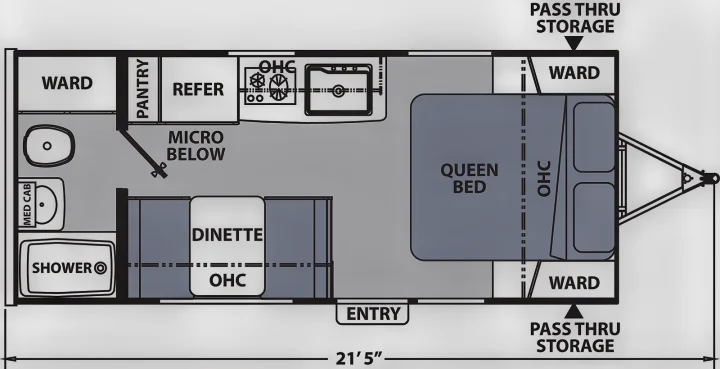 Detailed RV rental floor plan: 21'5" interior showing queen bed, dinette, kitchen, bath & ample storage.. Coachmen Apex 2021
