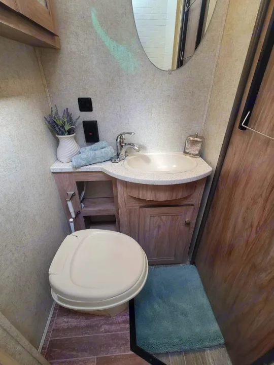 Inside an RV rental bathroom: compact design with toilet, sink, mirror, and storage.. Forest River Sunseeker 2019