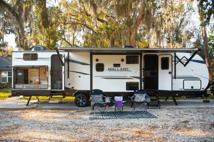 We provide 4 adult camping chairs, 2 kids chairs, and an outdoor rug.  Awning use is allowed, but required to be put away during inclement weather.. Heartland Mallard 2020