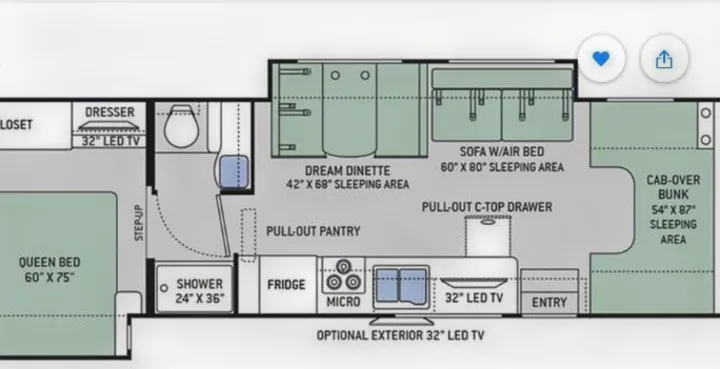 Detailed RV rental floor plan shows sleeping areas (queen bed, bunk, dinette, sofa), kitchen, and bathroom layout.. Thor Four Winds 2017
