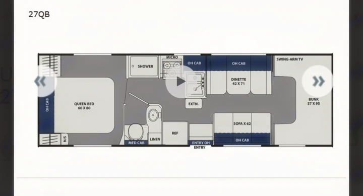 RV rental floor plan (27QB) showing a queen bed, bunks, dinette, kitchen, and bath for comfortable travel.. Coachmen Freelander 2021