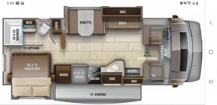 Overhead RV rental floor plan detailing a bedroom, bathroom, kitchen, dinette, sofa, and front cab with swivel chairs.. Entegra Coach Other 2021