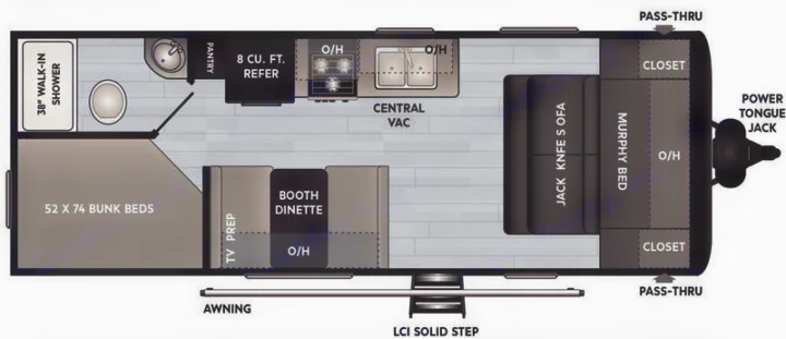 RV rental floor plan with bunk beds, dinette, kitchen, and Murphy bed, detailing the interior layout.. Keystone Hideout 2021