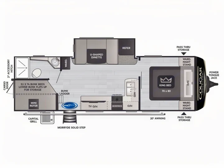 Detailed RV rental floor plan illustrating a travel trailer's interior layout with king bed, bunk beds, kitchen, and dinette.. Keystone Cougar Half-Ton 2021