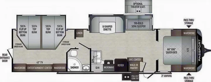 An RV rental floor plan detailing the interior layout with a queen bed, bunks, dinette, kitchen, and ample storage.. Keystone RV Passport 2021