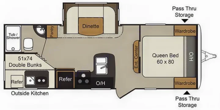 RV rental floor plan: spacious travel trailer layout with queen bed, double bunks, kitchen, dinette, and bath.. Keystone Passport 2400BHWE 2018