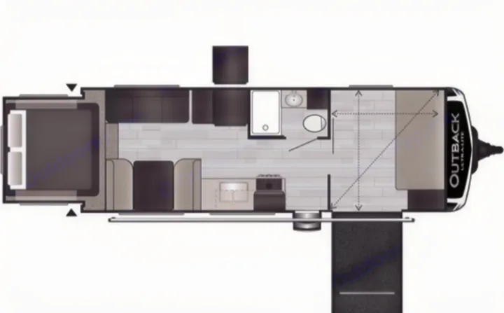 RV rental: Top-down floor plan of a travel trailer, detailing its interior with sleeping areas, kitchen, and bathroom.. Keystone Outback Ultra-Lite 2021