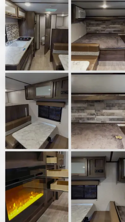 Spacious RV rental interior featuring kitchen, dinette, bunk beds, main sleeping area, and a cozy fireplace.. Other Other 2021