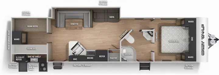 Detailed Grey Wolf RV rental floor plan: Queen bed, bunks, full kitchen, bath, dinette, sofa, and outdoor amenities. Spacious layout.. Forest River Grey Wolf 29te 2021