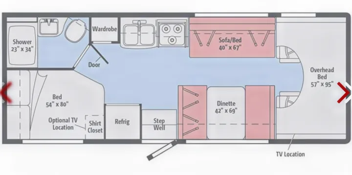 Detailed RV rental floor plan: 4 beds (main, sofa, dinette, overhead), kitchen, shower, toilet, dinette, fridge, and storage shown.. Winnebago Minnie Winnie 2019