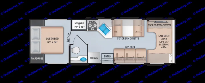 RV rental floor plan. Spacious layout with queen bed, bath, kitchen, dinette, sofa, and cab-over bunk.. Other Four Winds 2021