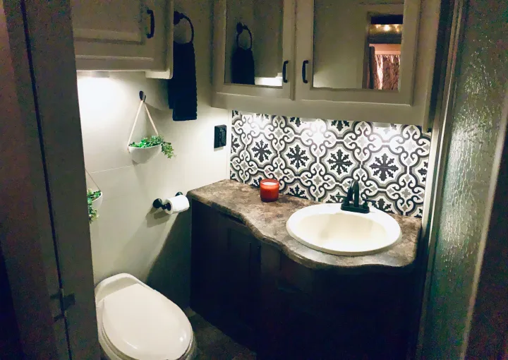 This cozy RV rental bathroom boasts a vanity, sink, patterned backsplash, toilet, and hanging plants, all well-lit.. Jayco Seneca 2013