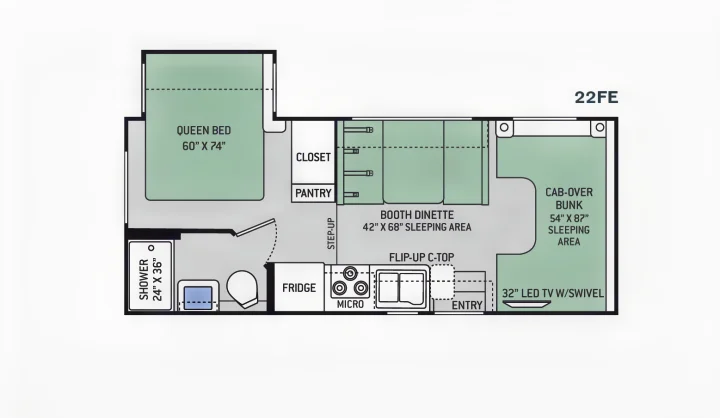 This RV rental's 22FE floor plan shows its interior layout: queen bed, bunk, convertible dinette, kitchenette, and full bath.. Thor Motor Coach Freedom Elite 22FE 2017