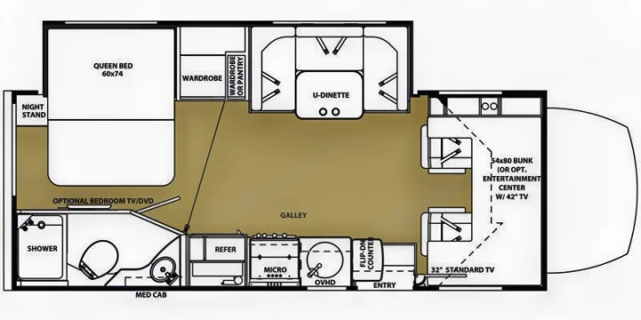RV rental layout: Queen bed, bath, full kitchen (galley), U-dinette, & bunk for family comfort. Ideal for your next road trip.. Forest River Sunseeker 2016