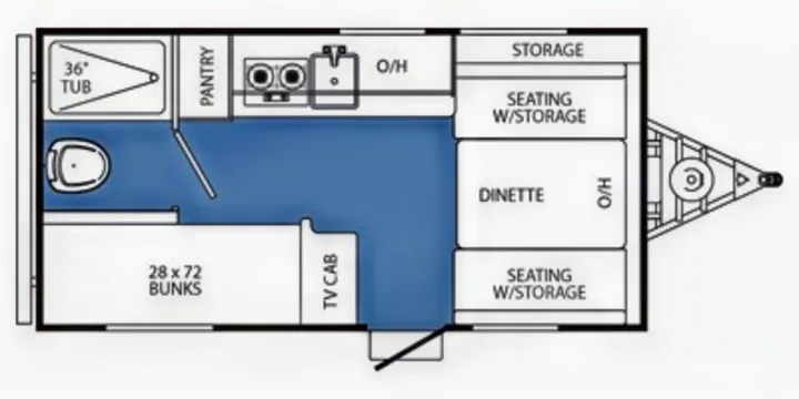 RV rental floor plan displays interior layout: bunks, bathroom, kitchen, dinette, and seating with storage.. Coachmen Clipper 2013