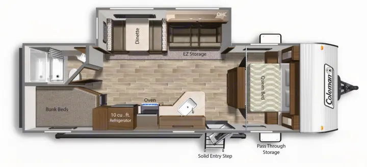 Top-down view of a spacious RV rental interior showing a queen bed, bunk beds, dinette, kitchen, and bathroom layout.. Coleman Lantern Edition 262 BH 2017