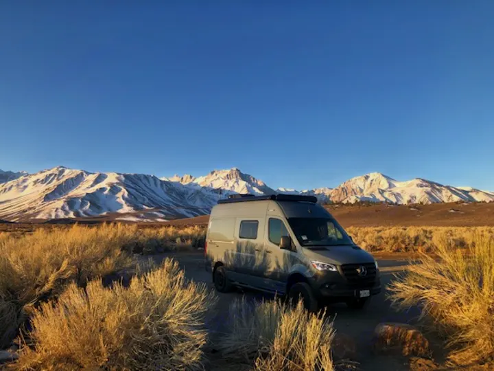 Winter camping by hot springs in the Sierras. Mercedes-Benz Sprinter 2021