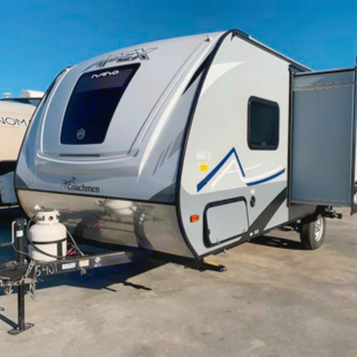 A sleek grey & black Coachmen Apex Nano travel trailer, ideal for your next RV rental and camping trip.. Coachmen nano 2017