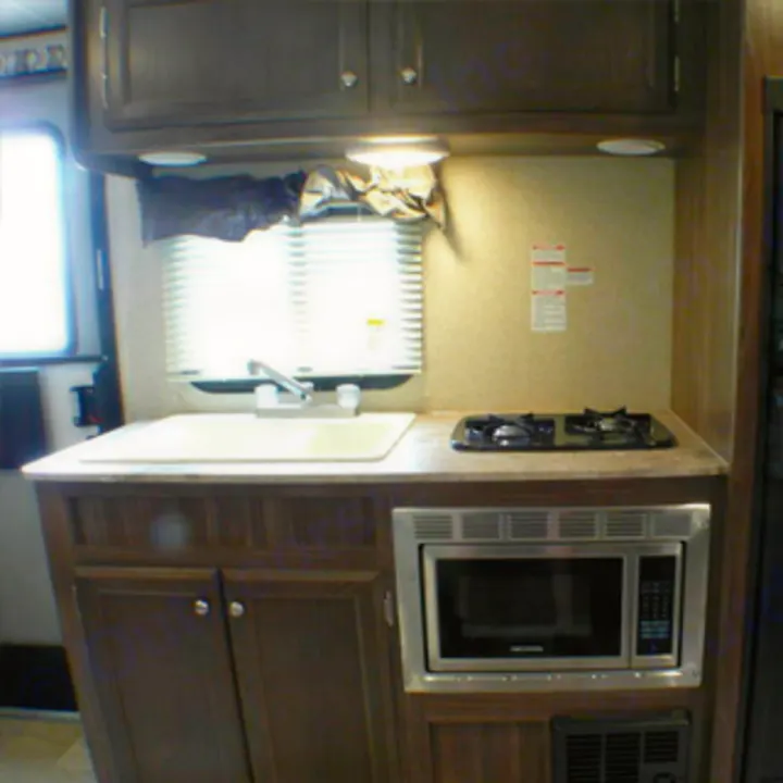 Explore this compact RV rental kitchen featuring a sink, two-burner stove, microwave, and cabinets. Perfect for on-the-road cooking.. Coachmen nano 2017