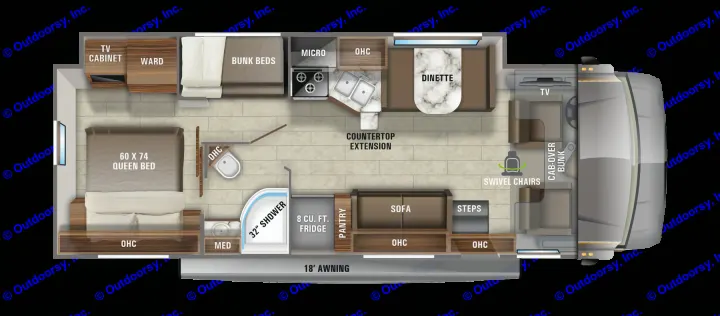 Explore this spacious rv rental floor plan: Queen bed, bunks, kitchen, bathroom, living/dining areas, and cab-over bunk.. Jayco Redhawk 2025