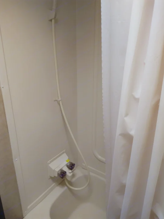 Inside an RV rental: a compact shower area featuring white water lines, control knobs, and a white curtain overhead.. Forest River Cherokee Wolf Pup 2017