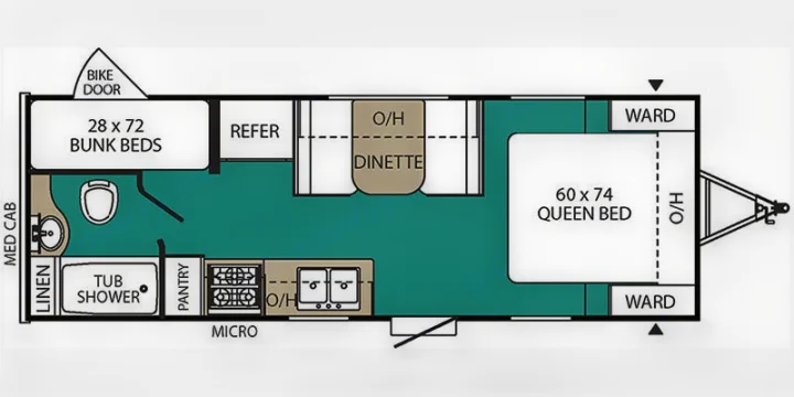 Recreational vehicle rental floor plan details queen bed, bunk beds, kitchen, and bathroom amenities like a tub/shower.. Viking 21BH 2018