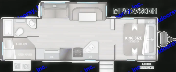 This MPG 2750BH RV floor plan shows a spacious interior with King bed, bunks, and outside kitchen. Ideal for your next rv rental.. Cruiser RV MPG Ultra Lite 2021