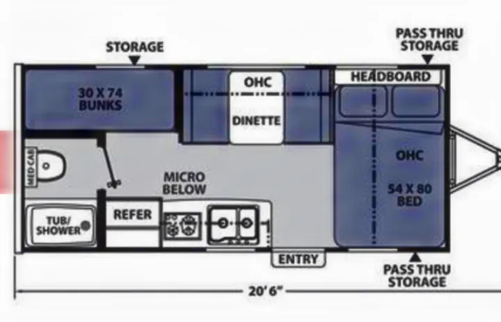 RV rental travel trailer floor plan: Detailed layout with bunks, 54x80 bed, kitchen, bath, dinette, and storage.. Coachmen Apex 2021