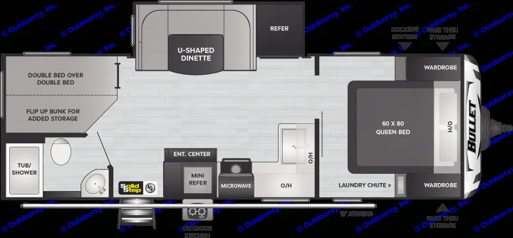 Detailed RV rental floor plan showcasing a queen bed, bunk beds, kitchen, bathroom, U-shaped dinette, and outdoor amenities.. Other Bullet 2021