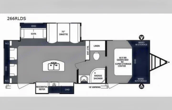 RV rental 266RLDS floor plan: detailed layout with living area, kitchen, bath, queen bed, and 18' awning.. Forest River Surveyor 2018