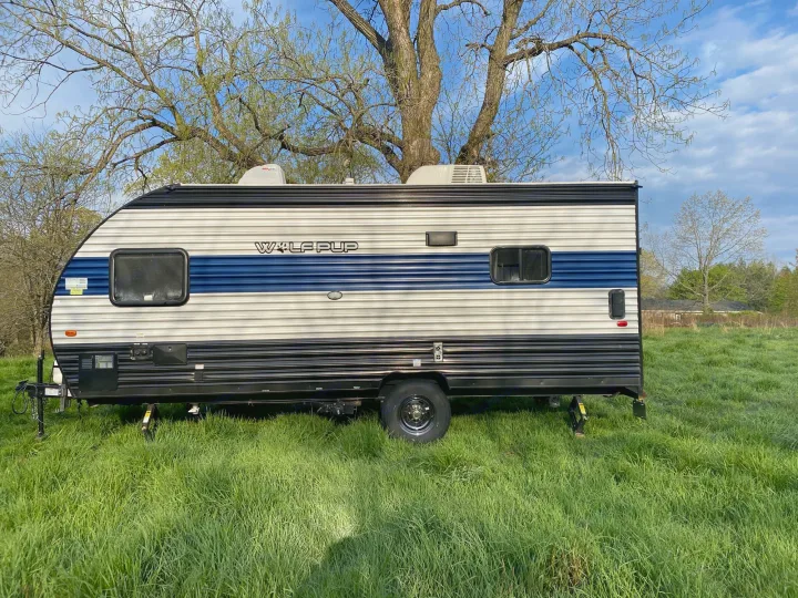Wolf Pup travel trailer RV rental parked in a vibrant green field with a large tree backdrop under blue skies.. Forest River Wolf Pup 2021