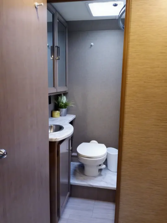 Step inside this modern, compact RV rental bathroom featuring a sink, vanity, toilet, and stylish finishes.. Coleman Thor 2021
