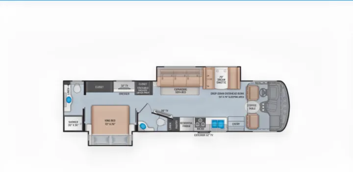 RV rental floor plan: Spacious interior with King bed, bath, kitchen, living area, & drop-down bunk for comfort.. Thor Motor Coach Hurricane 2021