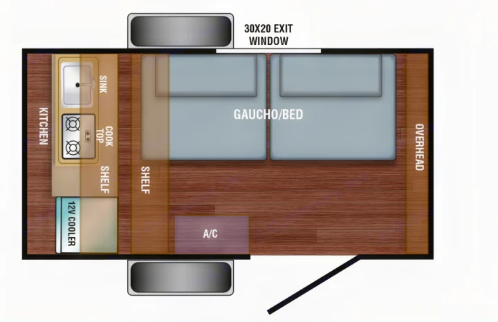 This RV rental floor plan displays the interior layout: a kitchen with sink, cooktop, 12V cooler, A/C, convertible gaucho bed, shelves, and an exit window.. Bushwacker 10SS 2021