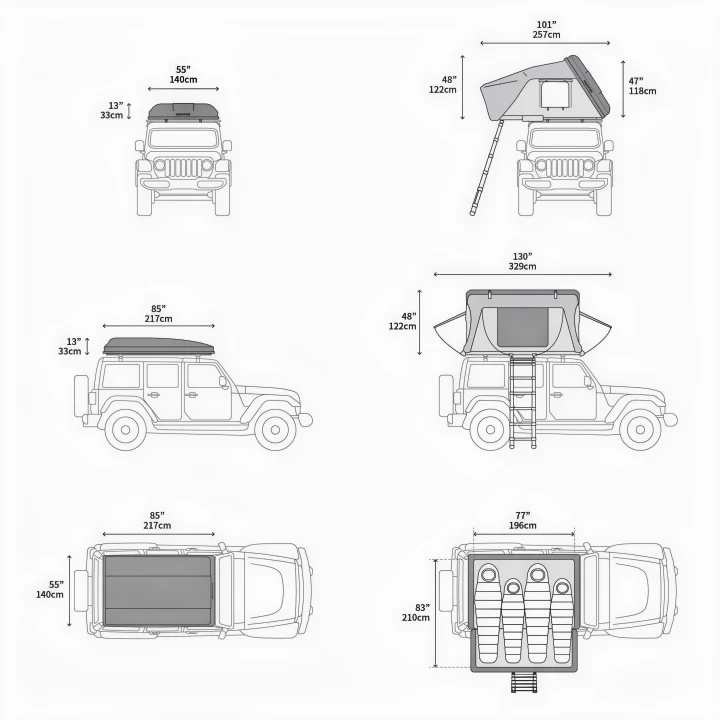 Diagrams illustrate a vehicle equipped with an iKamper rooftop tent, showing closed and open dimensions. Ideal for RV rental adventures.. Jeep Gladiator Unlimited 2020
