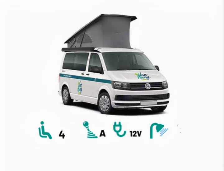 This white camper van RV rental features a pop-up roof, seating for 4, automatic transmission, 12V power, and a shower.. Volkswagen Transporter T6 2021