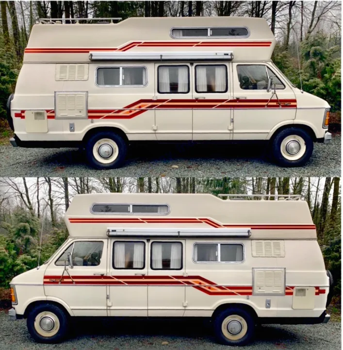 Vintage beige camper van RV rental, side view. Features retro orange/red stripes and a raised roof.. Frontier Other 1979