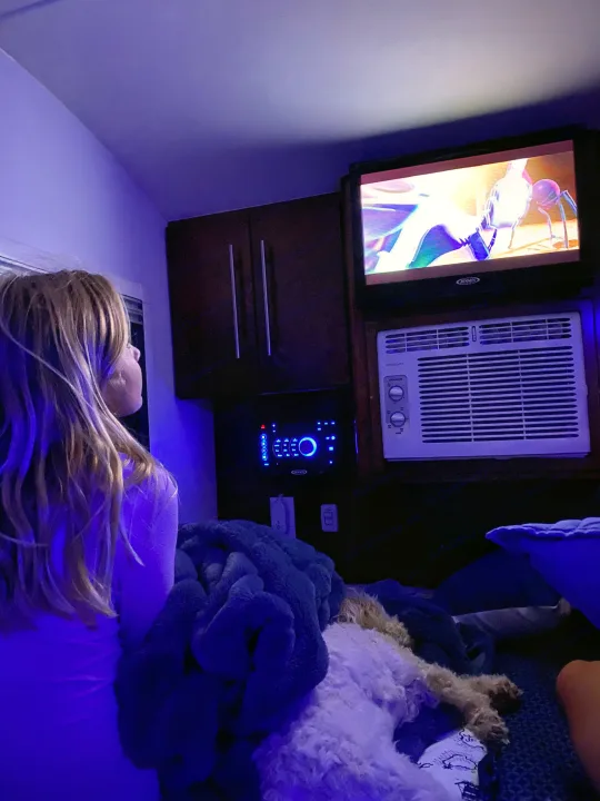 Relaxing evening inside an RV rental. A girl and a dog watch TV in the cozy, blue-lit interior.. Little Guy NuCamp 2015