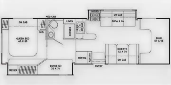 RV rental floor plan: Spacious layout with queen bed, multiple bunks, kitchen, dinette, and full bath.. Coachmen Freelander 2015
