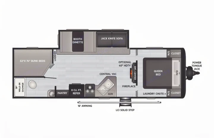 Explore this RV rental's spacious floor plan: queen bed, bunks, full kitchen, bath, dinette, sofa, and entertainment. Great family layout!. Keystone RV Hideout 2021