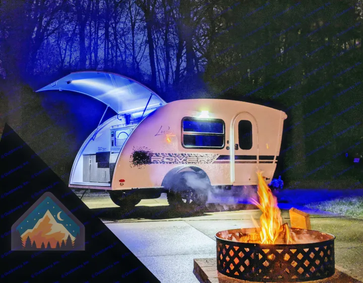 Night camping with a modern rv rental teardrop camper, featuring blue lights & a warm campfire.. InTech RV InTech RV Trailer 2021