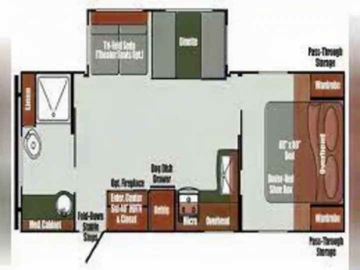 Detailed RV rental floorplan showing a recreational vehicle's interior: bed, kitchen, living, and bath areas.. Gulf Stream Envision 2021