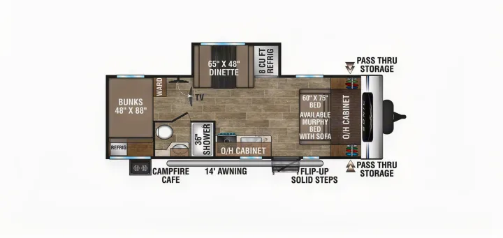 RV rental floor plan: bunks, dinette, kitchen, shower, Murphy bed & storage. See interior layout for your next adventure.. Venture Sonic 2021