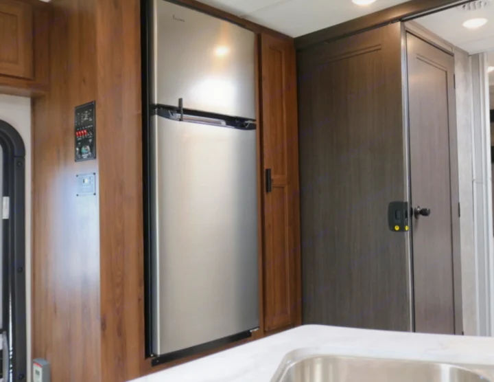 This rv rental kitchen view features a stainless steel refrigerator, wood cabinets, a control panel, and a sink in the foreground.. Forest River Other 2021
