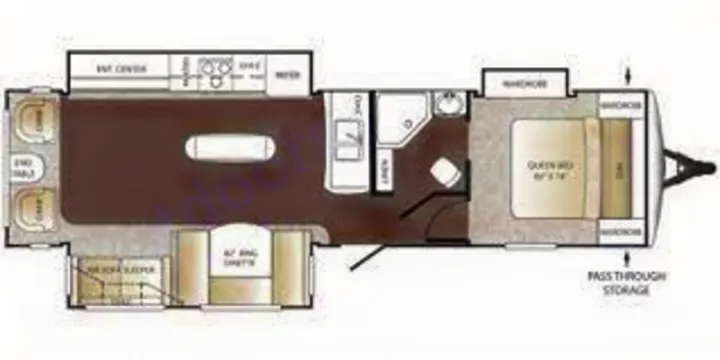 RV rental travel trailer floorplan: Detailed layout showing a queen bed, full kitchen, bathroom, and living area. Plan your trip!. Keystone 316-UL 2014